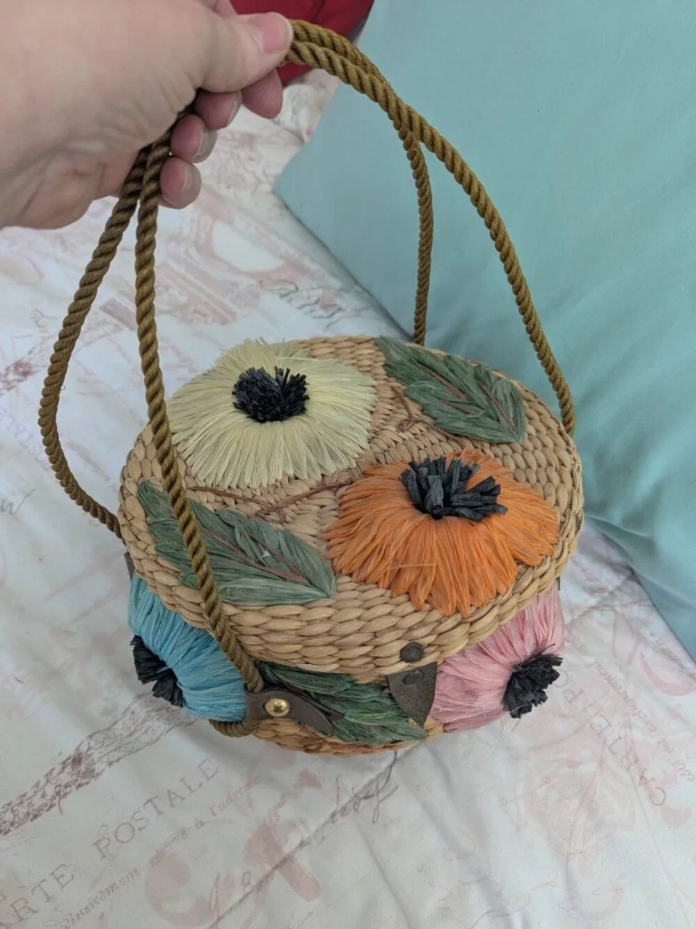Vintage Floral Wicker And Straw Purse By Ponces Creations Philippines, 50's-60's - Picture 9 of 15